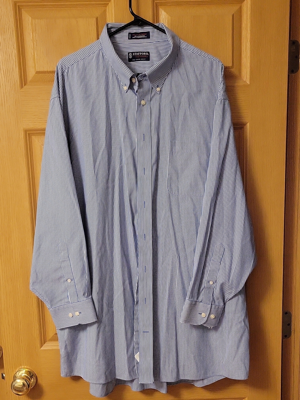 Stafford Men's Blue and White Pinstripe Button-Down Dress Shirt